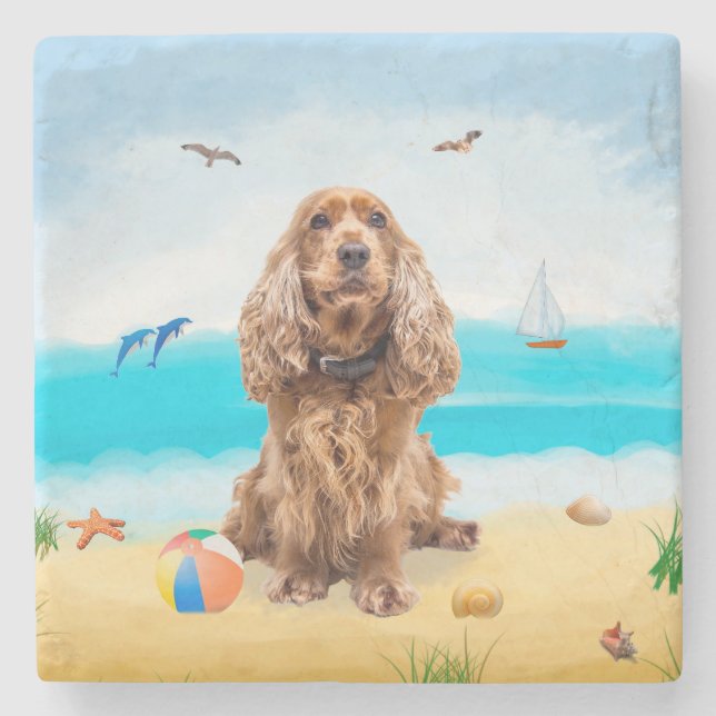 Cocker Spaniel Dog on Beach Stone Coaster (Front)