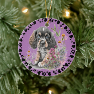 Cocker Spaniel Dog Paw Hearts Pet Photo Lavender Ceramic Ornament