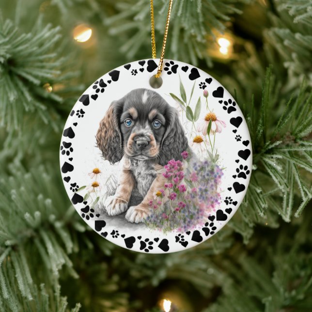 Cocker Spaniel Dog Paws Hearts Pet Photo Ceramic Ornament (Tree)