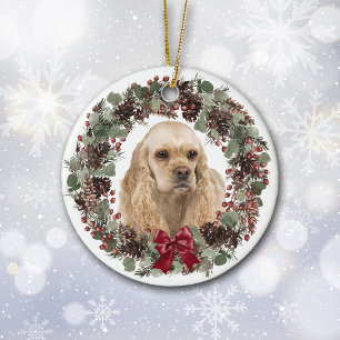 Cocker Spaniel Dog Pinecone Wreath Personalized  Ceramic Ornament