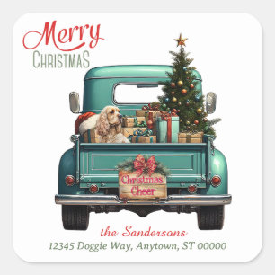 Cocker Spaniel Dog Retro Truck Christmas Square Sticker