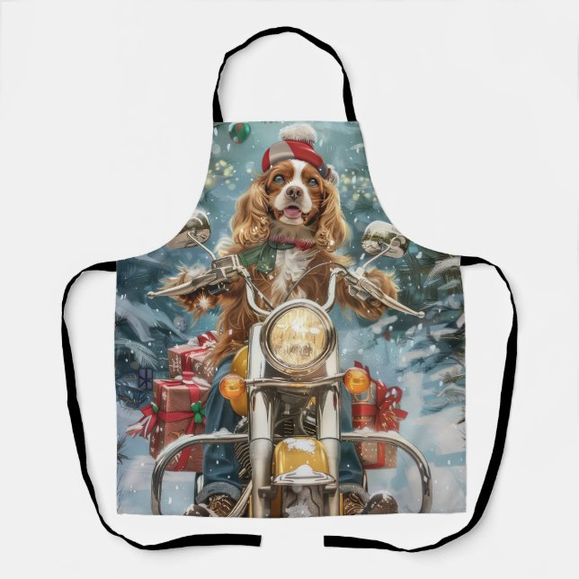Cocker Spaniel Dog Riding Motorcycle Christmas  Apron (Front)