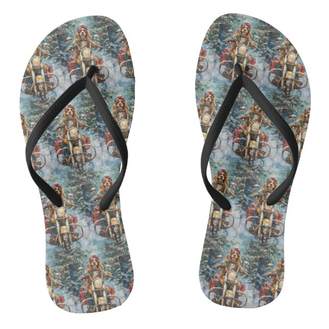Cocker Spaniel Dog Riding Motorcycle Christmas  Flip Flops (Footbed)