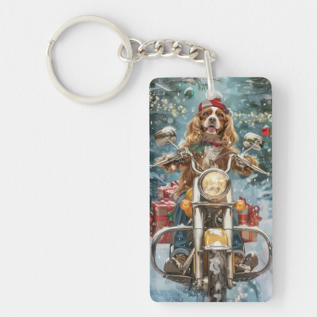 Cocker Spaniel Dog Riding Motorcycle Christmas  Keychain (Front)