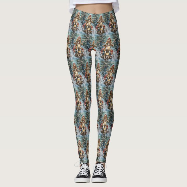 Cocker Spaniel Dog Riding Motorcycle Christmas  Leggings (Front)