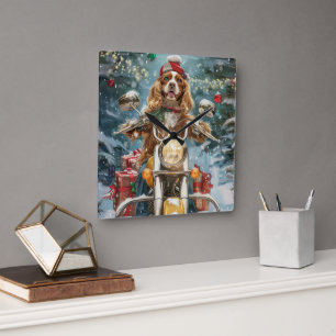 Cocker Spaniel Dog Riding Motorcycle Christmas  Square Wall Clock