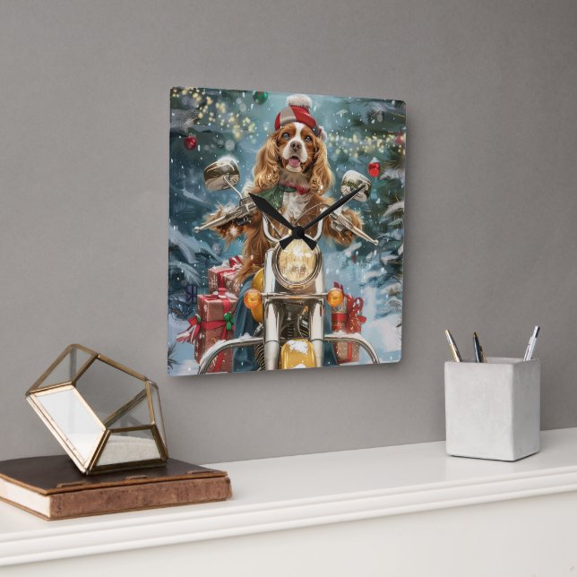Cocker Spaniel Dog Riding Motorcycle Christmas  Square Wall Clock (Office)