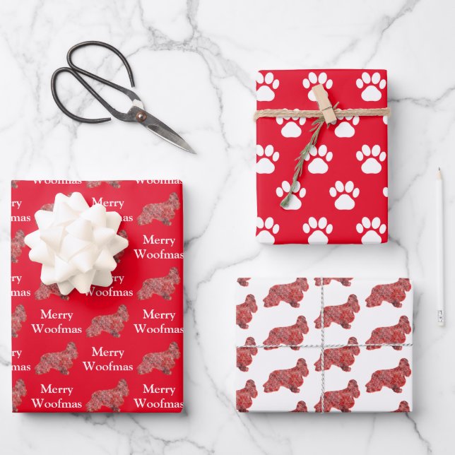 Cocker Spaniel Dog Silhouette Red Merry Woofmas Wrapping Paper Sheet (Front)