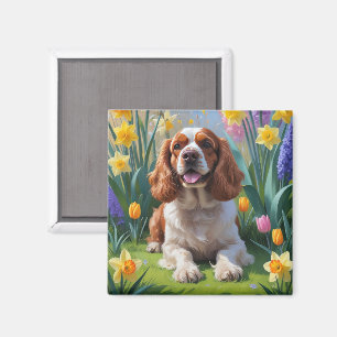 Cocker Spaniel Dog Spring Flowers Painting Magnet