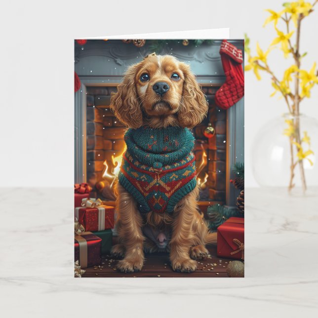 Cocker Spaniel Dog With Christmas Gifts Fireplace Card (Yellow Flower)