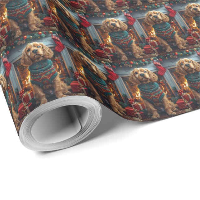 Cocker Spaniel Dog With Christmas Gifts Fireplace Wrapping Paper (Roll Corner)