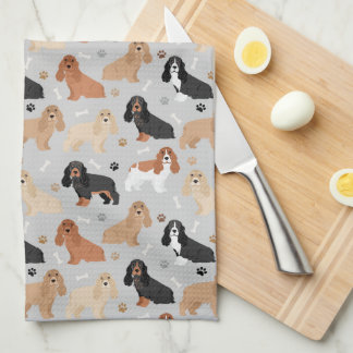 Cocker Spaniel Dogs Bones and Paws Grey Kitchen Towel