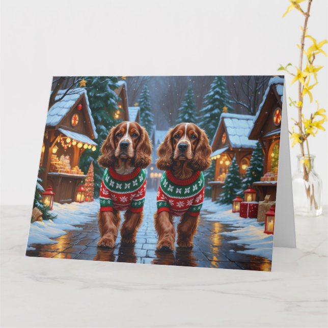 Cocker Spaniel Dogs Christmas Snow Holiday Card (Yellow Flower)