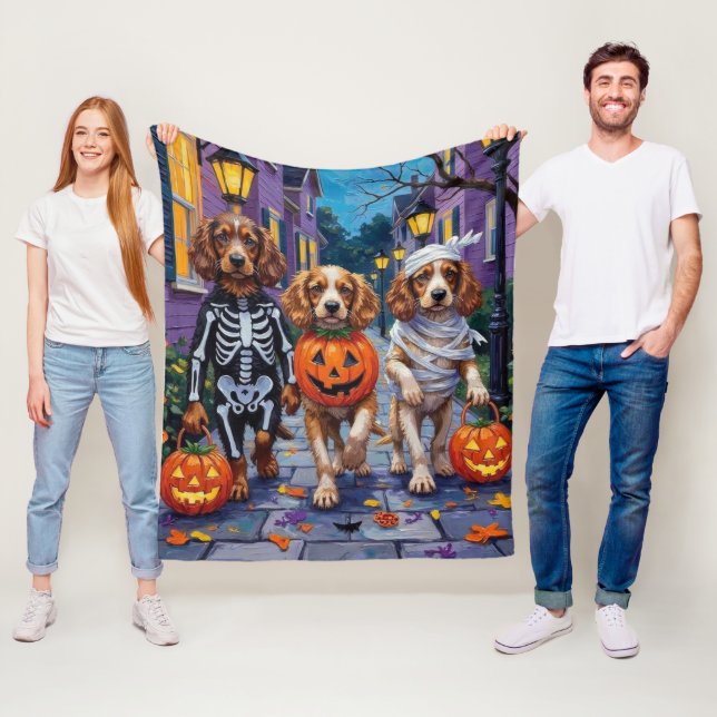 Cocker Spaniel Dogs Trick-or-Treating in Halloween Fleece Blanket (In Situ)