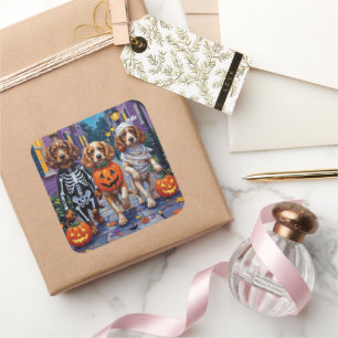 Cocker Spaniel Dogs Trick-or-Treating in Halloween Square Sticker