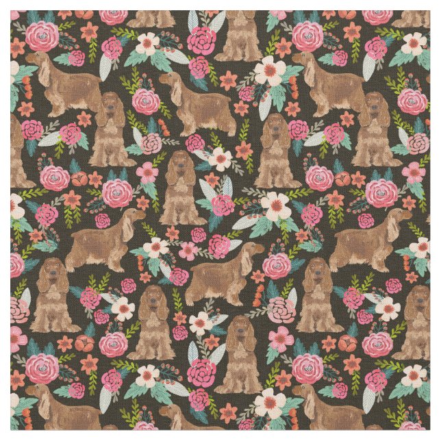 Cocker Spaniel dogs vintage florals black Fabric (Close Up)