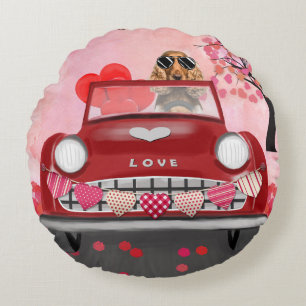 Cocker Spaniel Driving Car with Hearts Valentine's Round Pillow