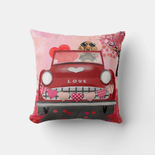 Cocker Spaniel Driving Car with Hearts Valentine's Throw Pillow