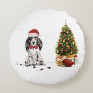 Cocker Spaniel Funny Christmas Dog with Tree Round Pillow