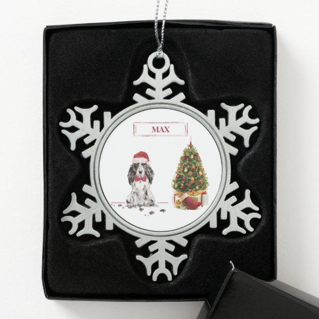 Cocker Spaniel Funny Christmas Dog with Tree Snowflake Pewter Christmas Ornament (Box)