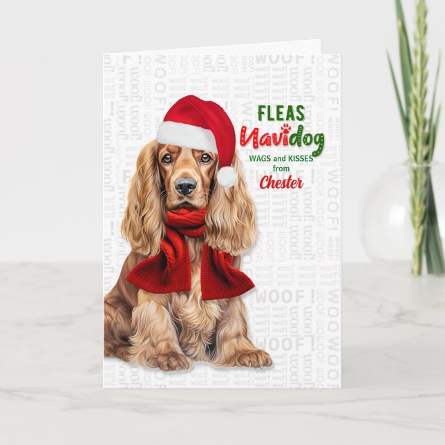 Cocker Spaniel Funny Fleas Navidog with Name Holiday Card (Front)