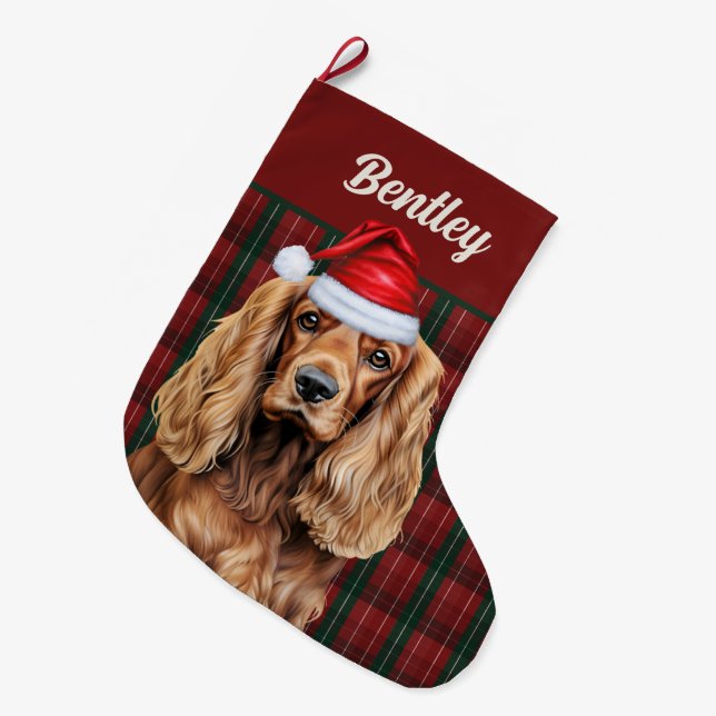 Cocker Spaniel Green and Red Plaid with Dog's Name Large Christmas Stocking (Front (Hanging))