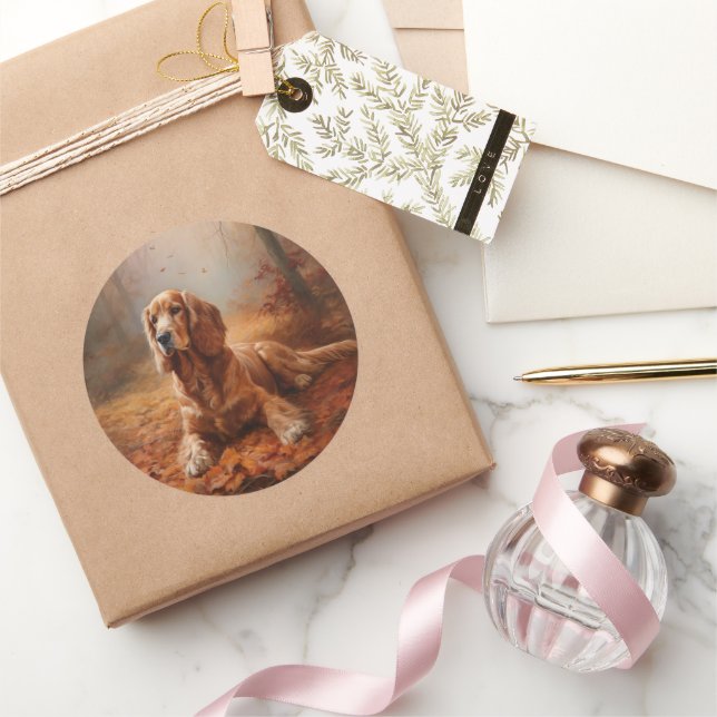 Cocker Spaniel in Autumn Leaves Fall Inspire Classic Round Sticker (Gifting)