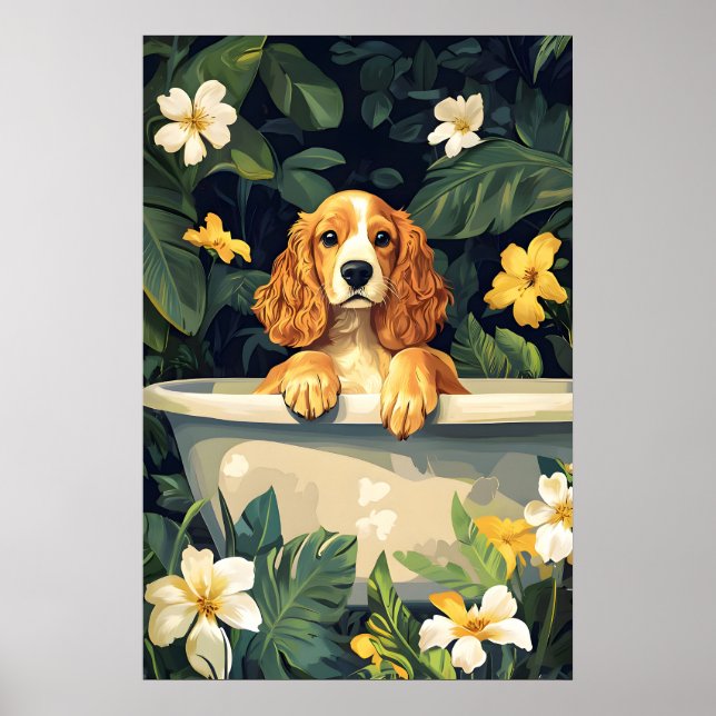Cocker Spaniel In Bathtub Poster, Funny Dog Poster (Front)