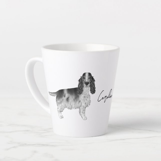 Cocker Spaniel In Black And White & Custom Name Latte Mug (Left Angle)