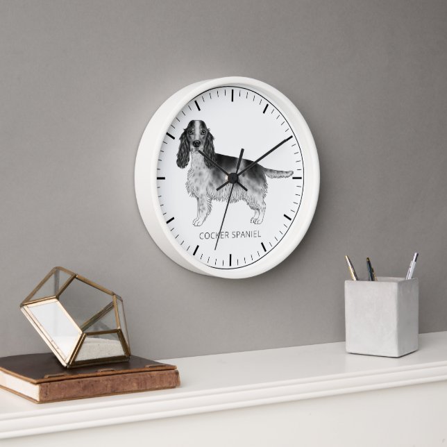 Cocker Spaniel In Black And White & Custom Text Clock (Office)
