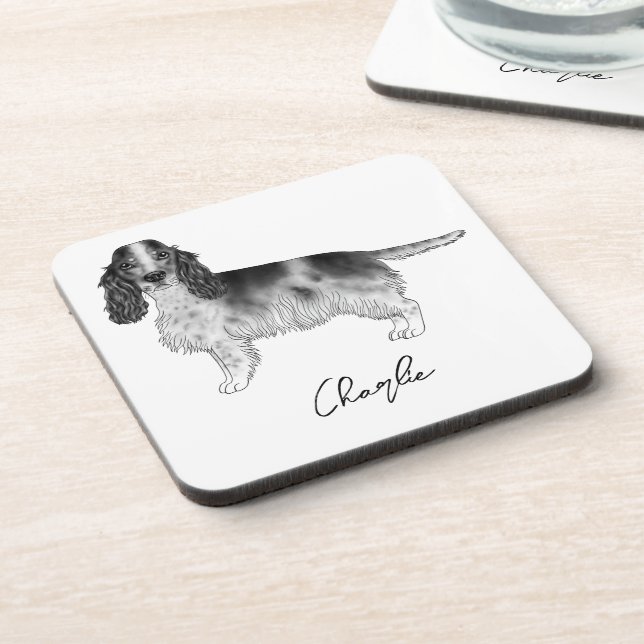 Cocker Spaniel In Black And White & Custom Text Coaster (Left Side)