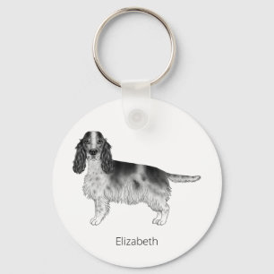 Cocker Spaniel In Black And White & Custom Text Keychain