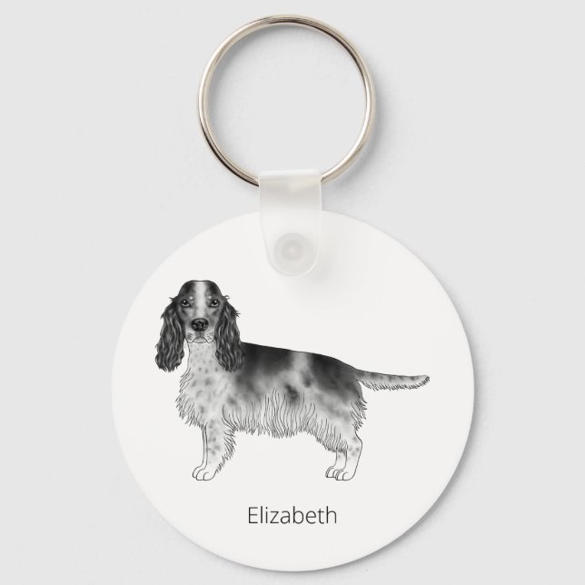 Cocker Spaniel In Black And White & Custom Text Keychain (Front)