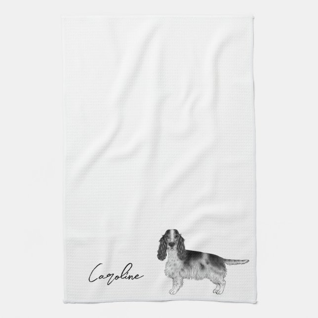Cocker Spaniel In Black And White & Custom Text Kitchen Towel (Vertical)