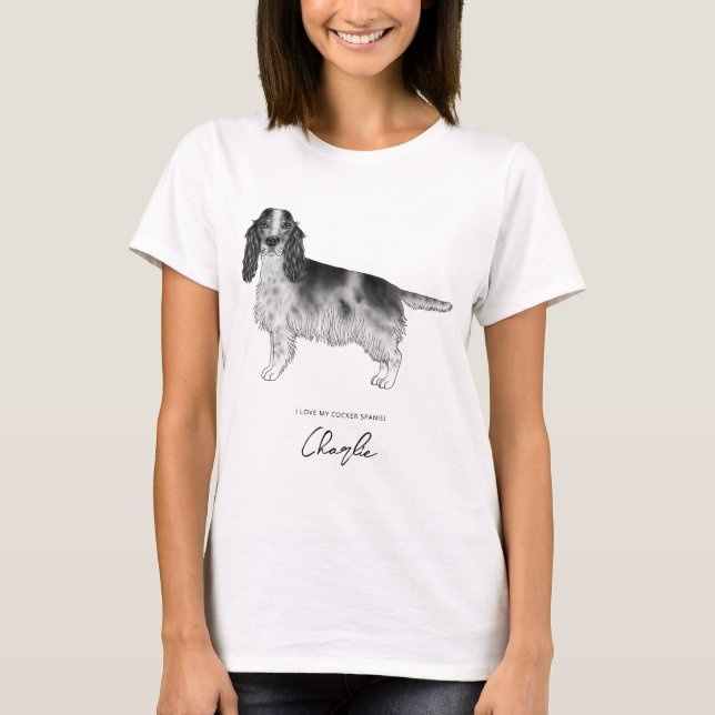 Cocker Spaniel In Black & White With Custom Text T-Shirt (Front)