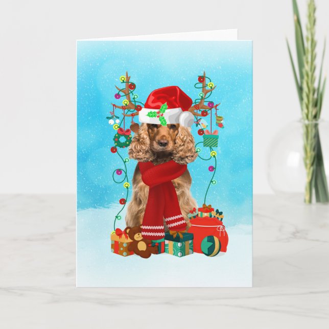 Cocker Spaniel in snow with Christmas gifts  Card (Front)