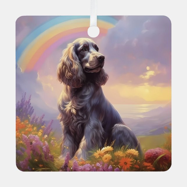 Cocker Spaniel Memorial Custom Dog Name Rainbow Metal Ornament (Front)