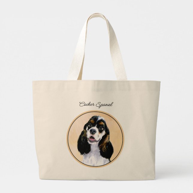Cocker Spaniel Painting Parti Tan Original Dog Art Large Tote Bag (Back)