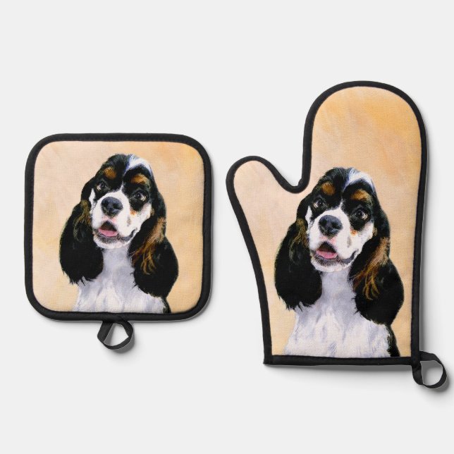 Cocker Spaniel Painting Parti Tan Original Dog Art Oven Mitt & Pot Holder Set (Front)