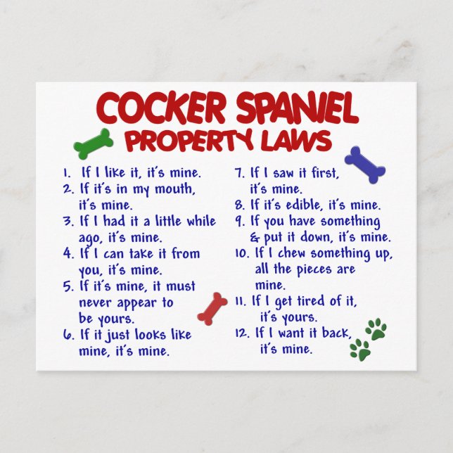 COCKER SPANIEL Property Laws 2 Postcard (Front)