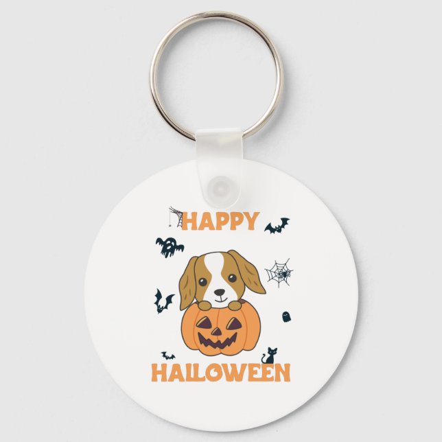 Cocker Spaniel Pumpkin Cute Dogs Happy Halloween Keychain (Front)