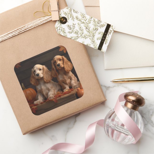 Cocker Spaniel Puppy Autumn Delight Pumpkin  Square Sticker (Gifting)