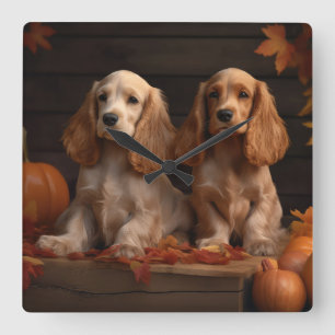 Cocker Spaniel Puppy Autumn Delight Pumpkin  Square Wall Clock