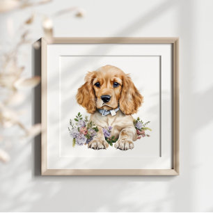 Cocker Spaniel Puppy Pet Watercolor Flower Poster