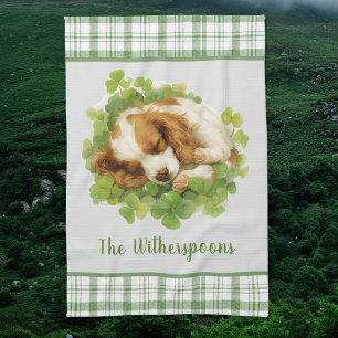 Cocker Spaniel Puppy Sleeping in Shamrocks Plaid  Kitchen Towel