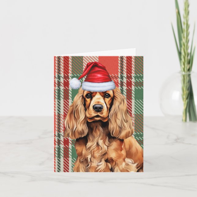 Cocker Spaniel Red and Green Plaid Christmas Holiday Card (Front)
