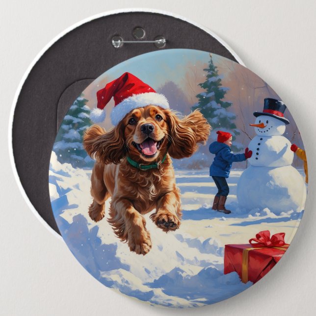 Cocker Spaniel Running in Snow with Christmas Hat 6 Inch Round Button (Front & Back)