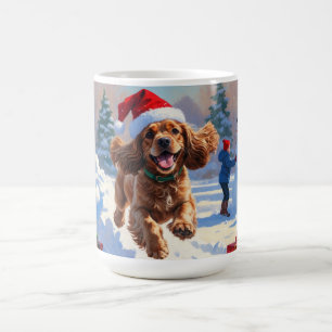 Cocker Spaniel Running in Snow with Christmas Hat Coffee Mug