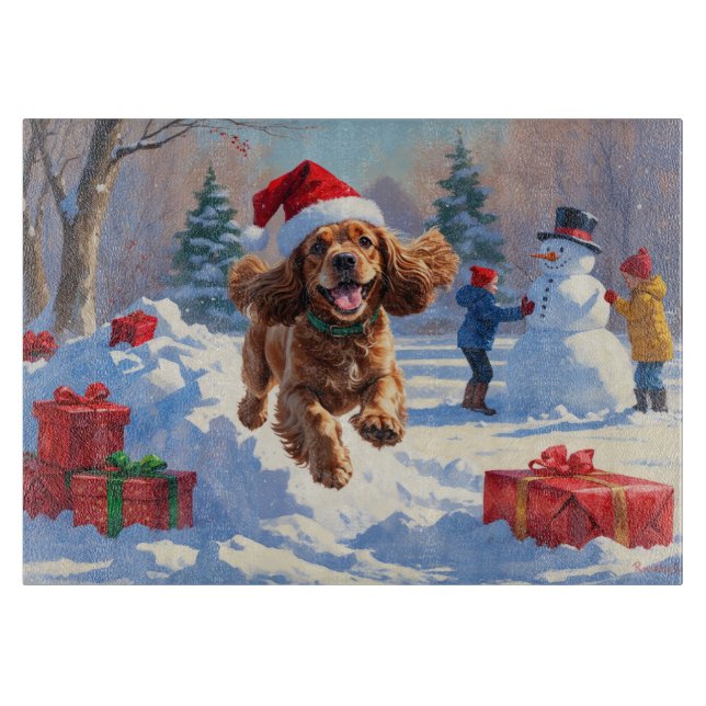 Cocker Spaniel Running in Snow with Christmas Hat Cutting Board (Front)