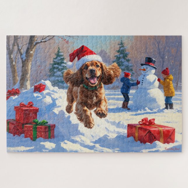 Cocker Spaniel Running in Snow with Christmas Hat Jigsaw Puzzle (Horizontal)